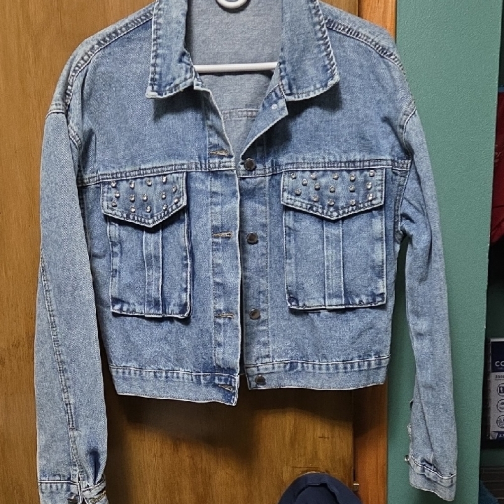 Light Blue Studded Denim Jacket - Cropped